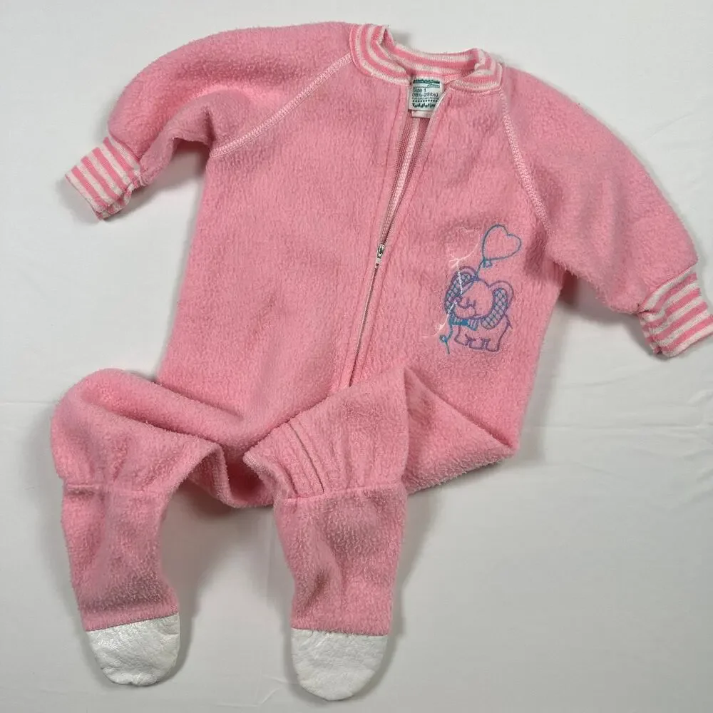 Vintage 80s JCP Toddle Time Elephant w/ Balloons Pink Fleece Footie Pajamas Sz1